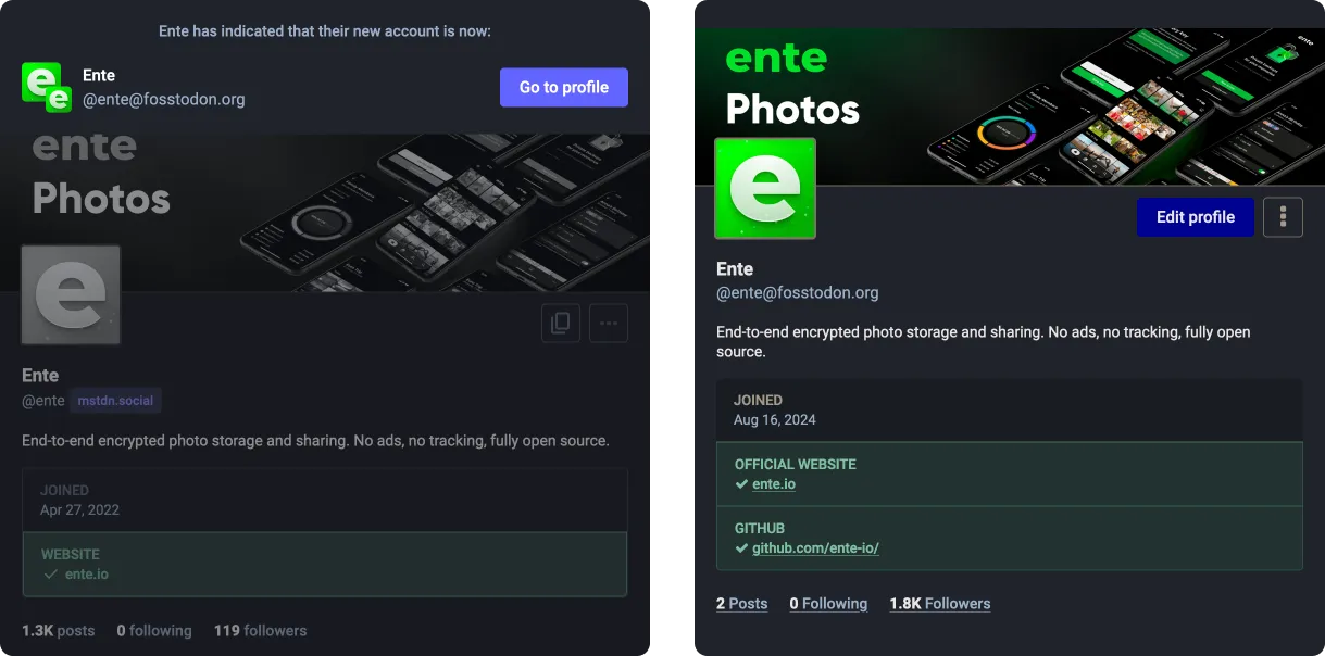 Ente's old and new accounts on Mastodon