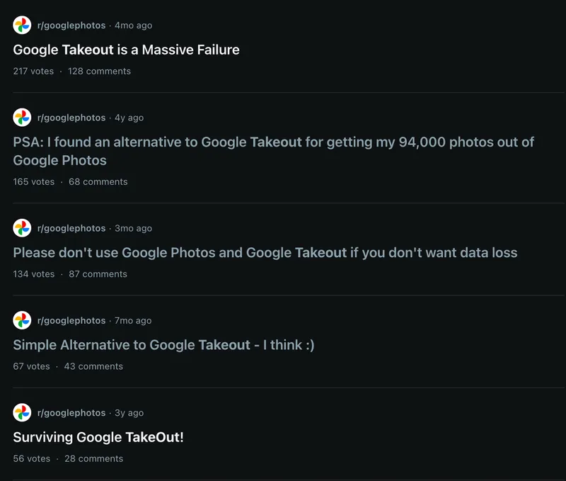 Users complaining about Google Takeout on the official Google Photos Subreddit