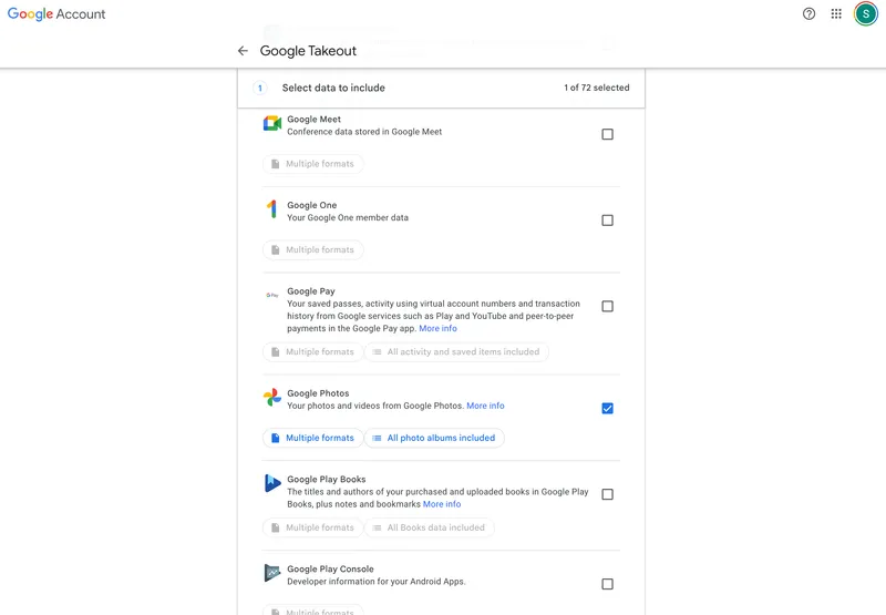 Second step of exporting Zips from Google Photos via Takeout