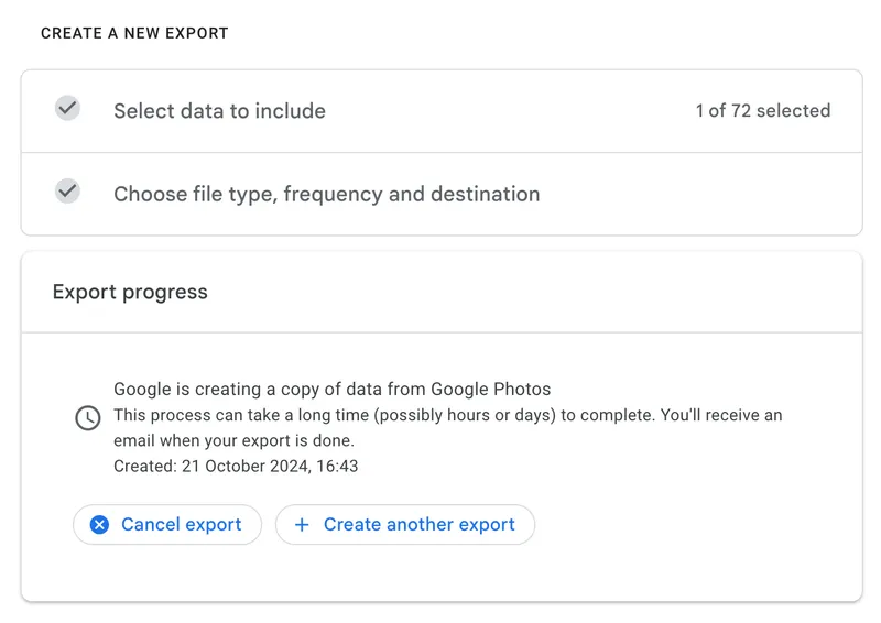 Fourth step of exporting Zips from Google Photos via Takeout