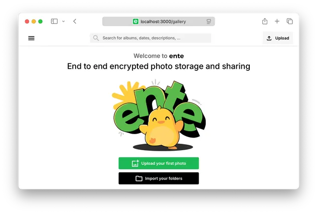 Screenshot of the browser running self hosted Ente web app