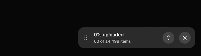 Minimized Google Takeout import progress card in the bottom-right corner